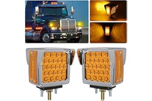 Gonice LED Square Pedestal Truck Lights - 2PCS 52-LED Dual Face Amber Turn Signals with Chrome Visors, 3-Stud Mount, DOT Compliant for Freightliner, Kenworth, Mack, Western Star