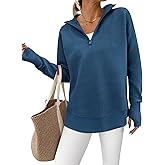 PRETTYGARDEN Womens Long Sleeve Quarter Zip Pullover Sweater Casual Loose V Neck Collared Ribbed Knit Jumper Tops Thumb Hole