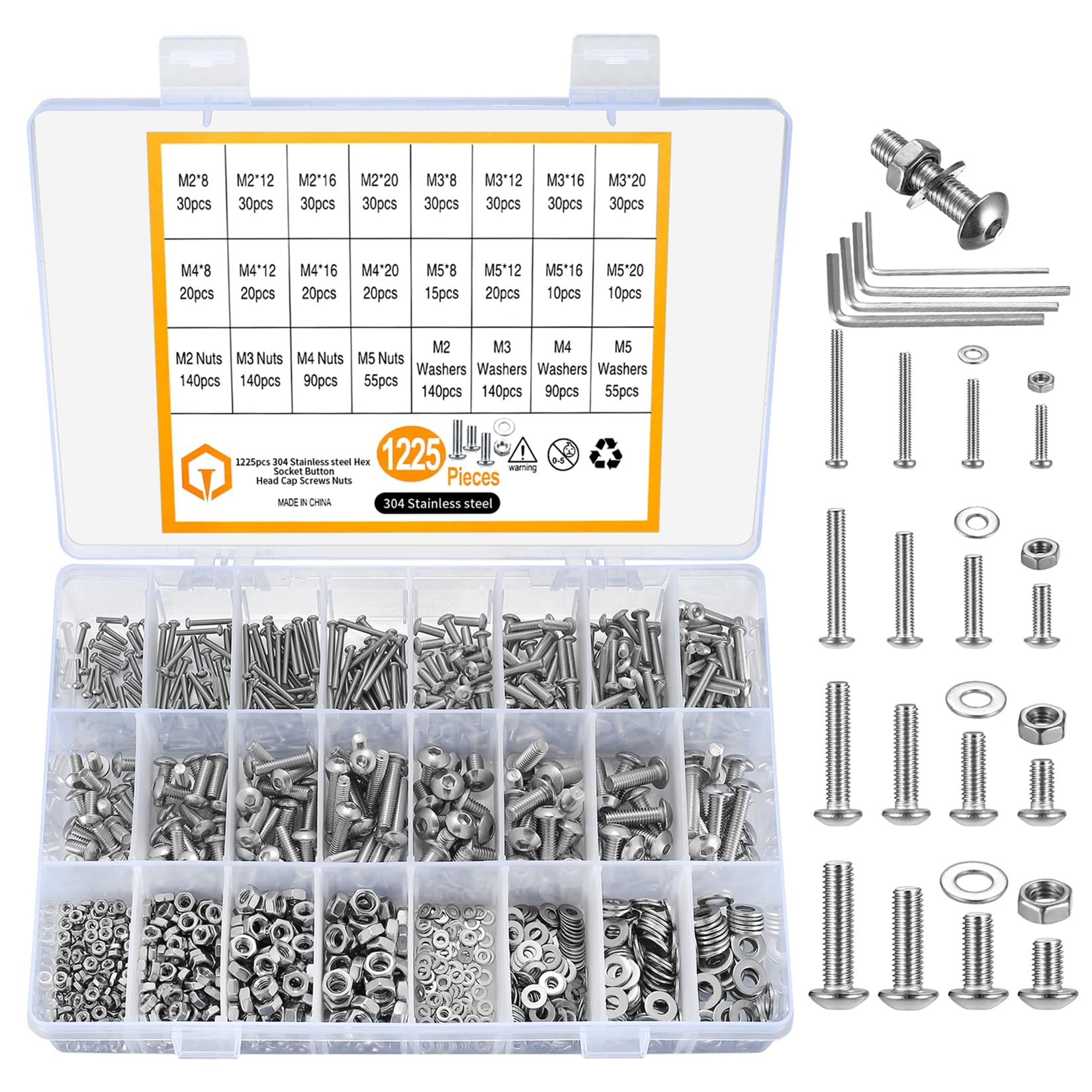 1225pcs M2 M3 M4 M5 Hexagon Socket Screws, Bolts, Nuts, and Washers Assortment Kit, Stainless steel Silver Countersunk Head Threaded Screws, Nuts and Washers Set(1225 silver) — image 1