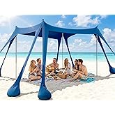 TOONARS Beach Canopy, 10 x 10 ft, UPF 50+ Sun Shelter, Navy Blue | Portable beach tent with Lycra shade, 8 sandbags and 4 aluminum poles; fits up to 8 people for camping and picnics