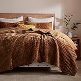 LEAONME Velvet Quilt California King Size 118''x106'', Lightweight Caramel Velvet Comforter Set with 2 Matching Shams, Soft Cross Stitch Bedspread Coverlet, Oversized King Bedding Set for All Season
