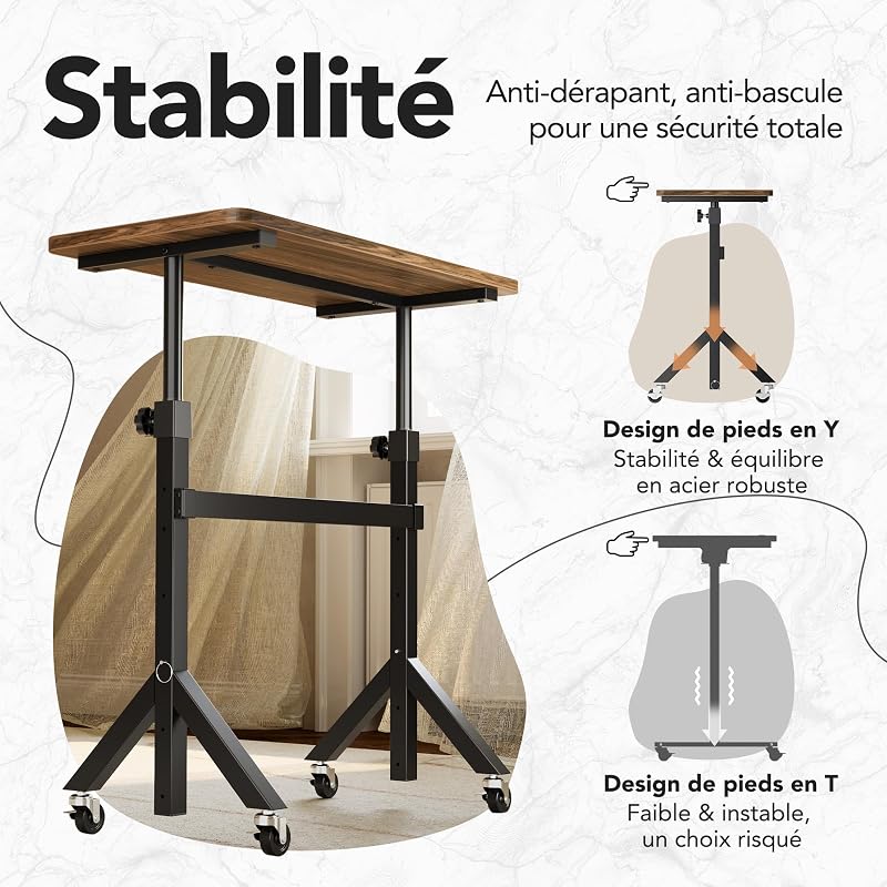 Bureau Debout réglable en Hauteur, 6 hauteurs jusqu'à 118 cm, 80 x 40 cm, Petit Bureau Mobile avec Pieds triangulaires, mobilité Fluide avec roulettes verrouillables, Table pour Ordinateur