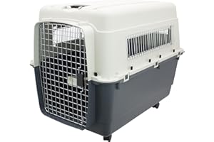 SportPet Designs Plastic Kennels Rolling Plastic Airline Approved Wire Door Travel Dog Crate, XXX-Large, Gray