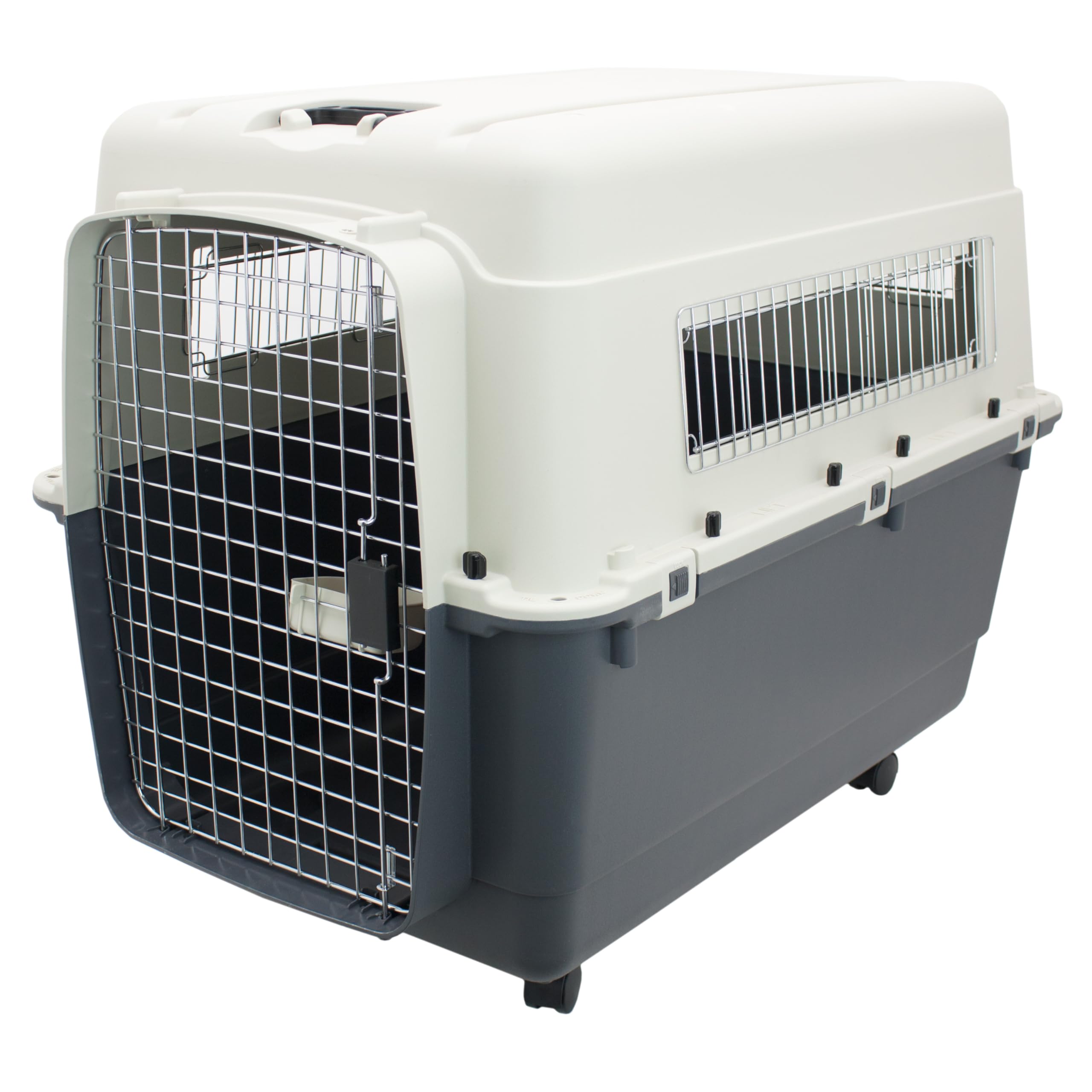 Photo 1 of **SIDE IS BENT**SportPet Designs Plastic Kennels Rolling Plastic Airline Approved Wire Door Travel Dog Crate, XXX-Large, Gray