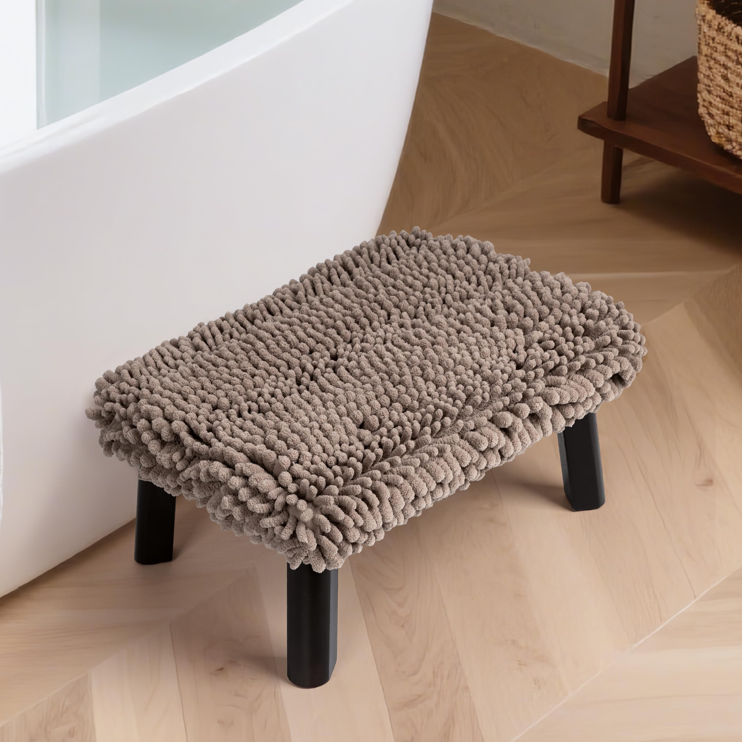 Photo 1 of Sunlit One Step Stool with Absorbent Chenille, Stool Holds up to 550 lbs, Non-Slip Wood Foot Stool, Wooden Step Stool for Adults, Step Stools for Kids, Kitchen Bathroom Bedroom, Taupe