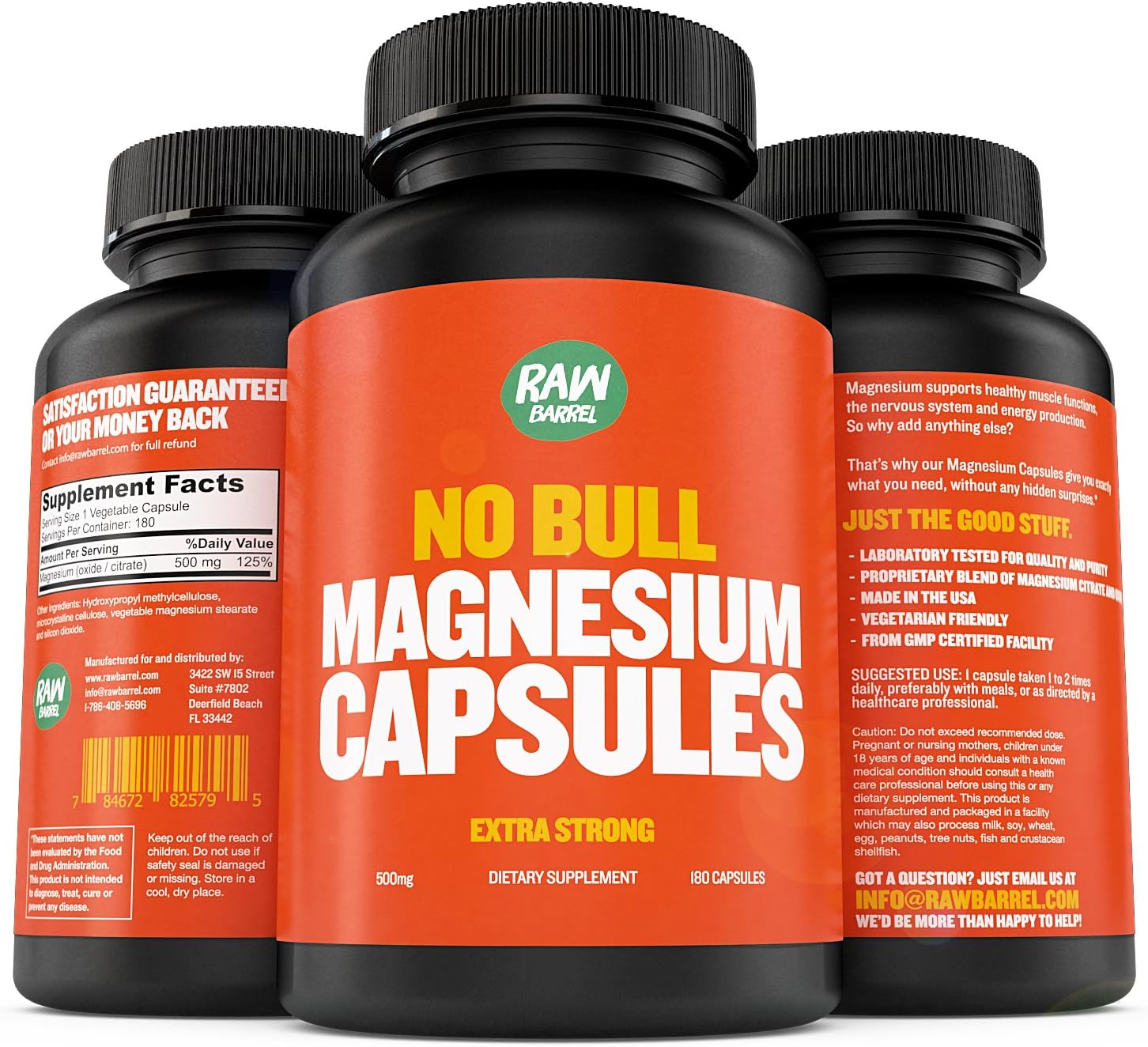 Raw Barrel's - Pure Magnesium Capsules - 500mg EXTRA STRONG Veggie Caps - SEE RESULTS OR YOUR MONEY BACK - 180 Pills, Unique Citrate & Oxide Formula - *FREE* digital guide: Health & Personal Care