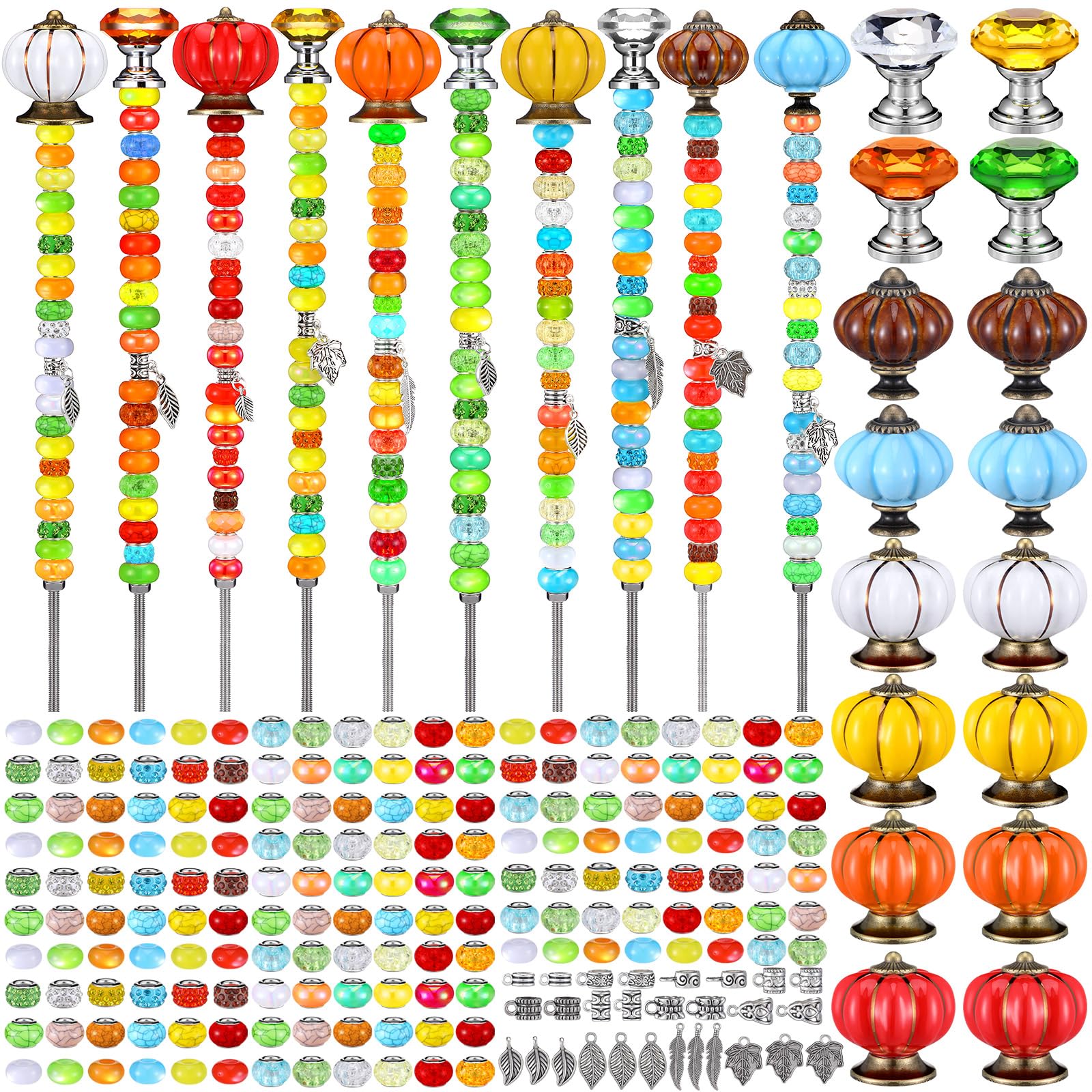 Photo 1 of Hicarer 338 Pcs Thanksgiving Fall Beaded Garden Stakes DIY Fairy Wand Garden Beads Stakes Wands Kit 4 Crystal Stopper Top 12 Pumpkin Tops 258 Colorful Round Rhinestone 16 Leaf Pendant 16 Threaded