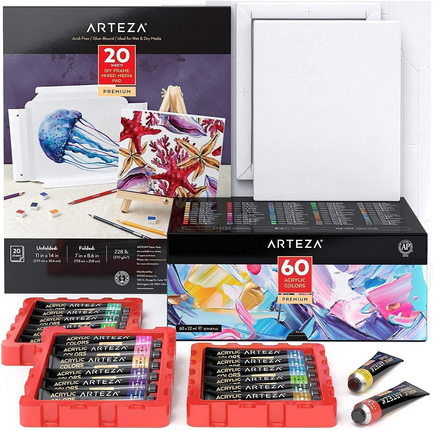 Arteza Mixed Media Paper Foldable Canvas Pad and Acrylic Paint 60 Bundle, Painting Art Supplies for Artist, Hobby Painters & Beginners
