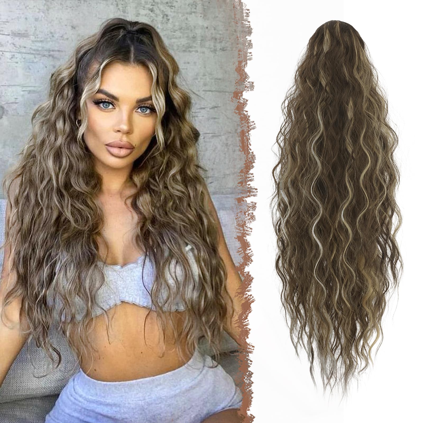 FESHFEN Long Curly Wavy Drawstring Ponytail Extensions Clip in Wavy Synthetic Hairpieces Drawstring Ponytail Curly Hair Piece Pony Tail Extension for Women, 26 inch Chestnut Brown Mixed Ash Blonde — image 1