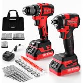 Cordless Drill &amp; Impact Driver: DEKOPRO 20V Brushless Power Drill and 20V Brushless Impact Driver Set, Power Tool Set with 2x2.0Ah Batteries, Charger, Bag &amp; 52xAccessories-Red