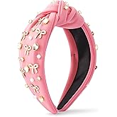 PANTIDE Coquette Pink Bow Jeweled Knotted Headband - Rhinestone Crystal Pearl Embellished Preppy Trendy Headband Wide Top Knot Non Slip Fashion Hair Accessories Birthday Gift for Women Girls (Pink)