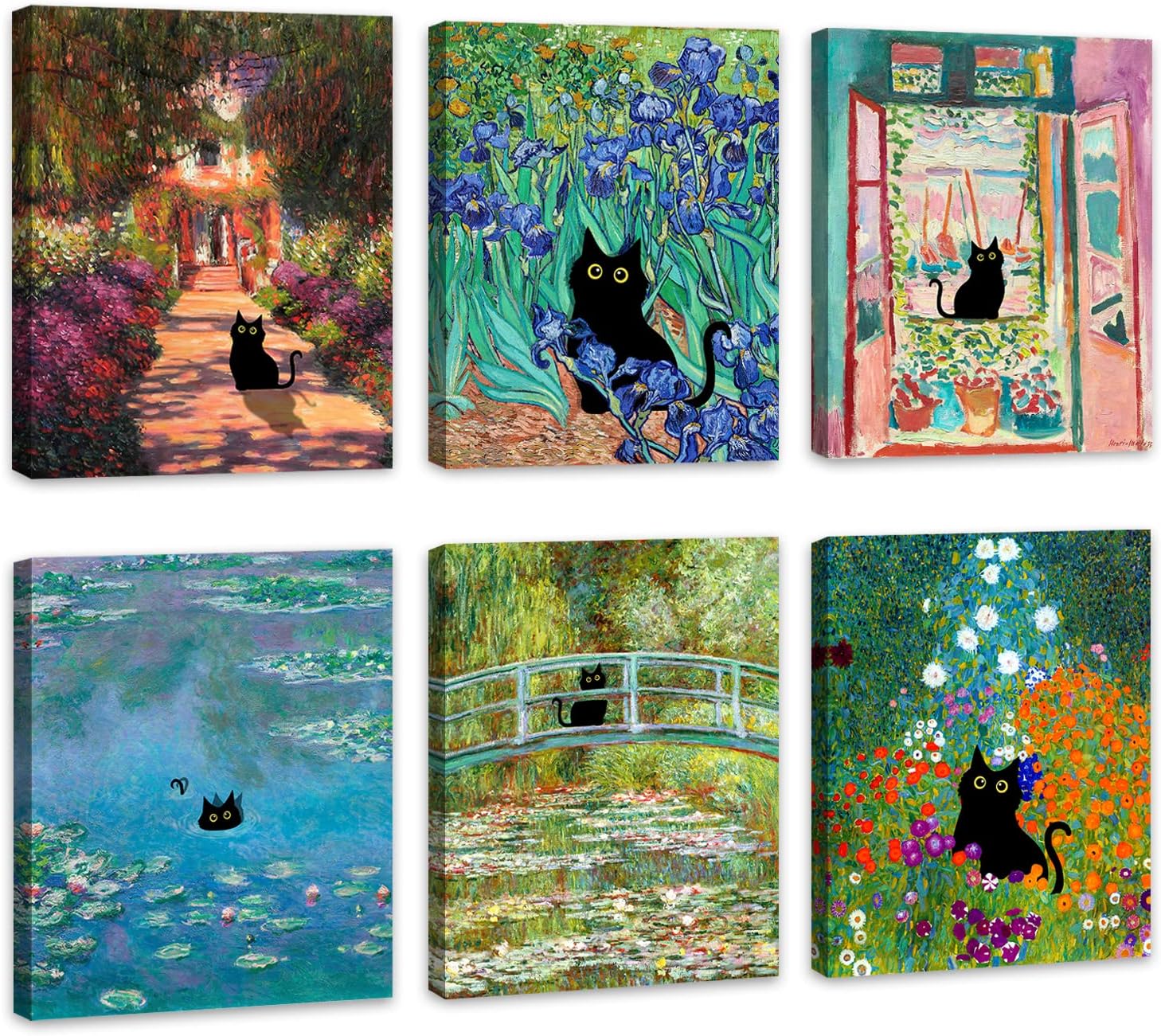 Wall Décor - Roslynity Framed Funny Black Cat Wall Art Prints Set of 6 Canvas Artwork Cat Lover Poster Gift Cute Room Aesthetic Matisse Monet Van Gogh for Living Room Bathroom Bedroom Decor (8