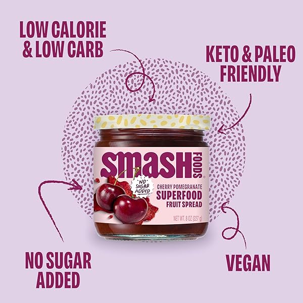 SMASH FOODS CHERRY POMEGRANATE JAM | LOW-CALORIE, NO SUGAR ADDED KETO JAM WITH UPCYCLED FRUIT & CHIA SEEDS | VEGAN, PALEO SUPERFOOD FRUIT SPREAD (1 JAR)