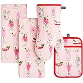 Kate Spade New York Holiday Cocktails Kitchen Towel, Oven Mitt & Pot Holder 4-Pack Set, Absorbent & Heat Resistant, 100% Cotton, Red/Pink/Green, 17"x28", 7"x13", 7"x10"