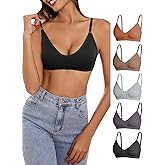 OYOANGLE Women's 5 Pieces Rib Knit Spaghetti Strap V Neck Wireless Bra Set Seamless Solid Plain No Padded Bralette