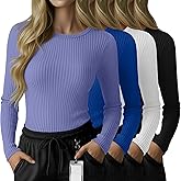 Velvelhall 4 Pack Women's Underscrub Shirts Long Sleeve Ribbed Crewneck Tops Slim Fit Soft Cotton Undershirts for Nurse