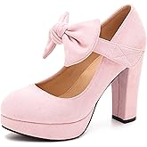 MAIERNISI JESSI Women's Bow Heel Pumps Removable Bow Platform Chunky High Heeled Wedding Dress Shoes