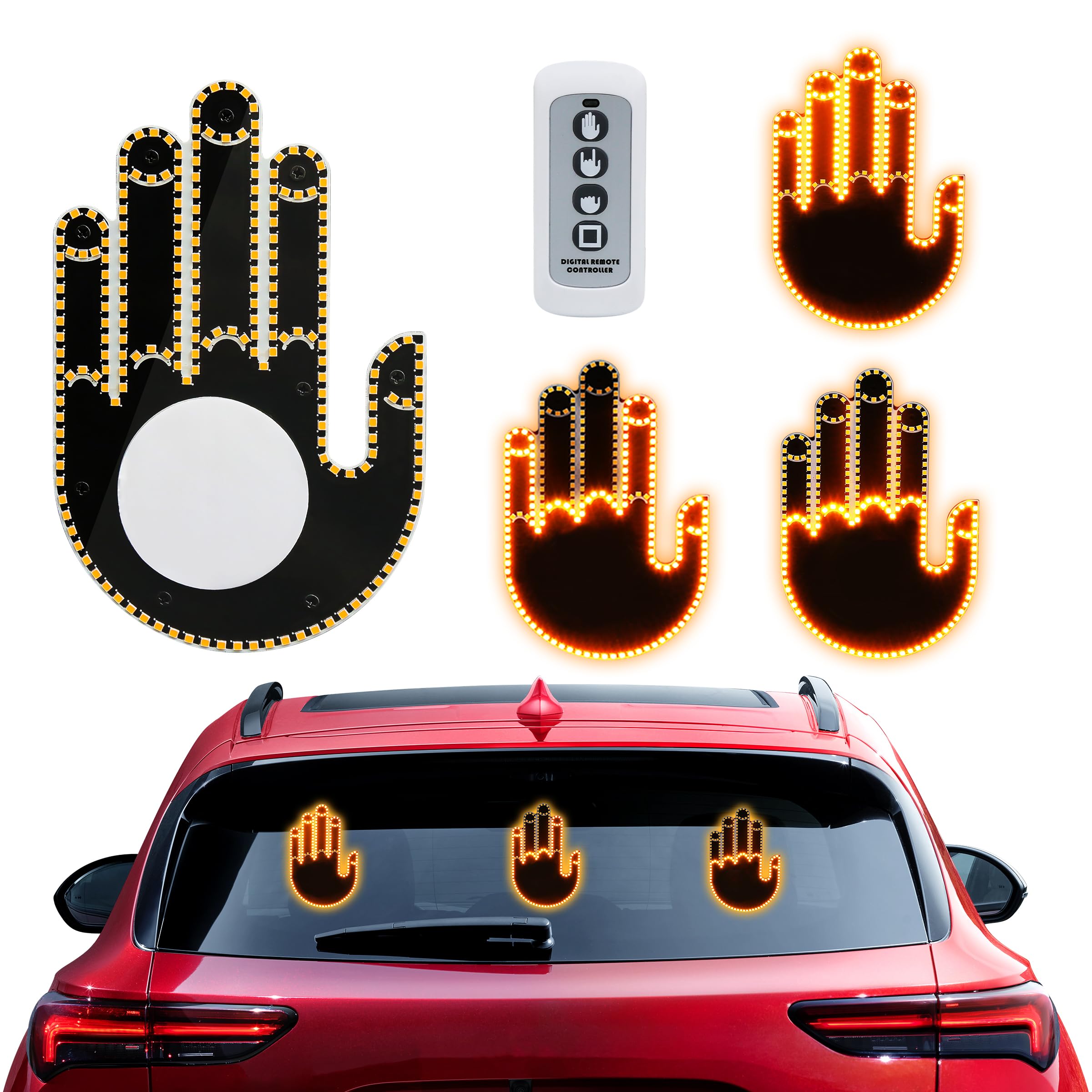 LED Hand Gesture Light for Car, Fun Gesture Finger Car Light,Road Rage Hand LED Sign for Car (Yellow)