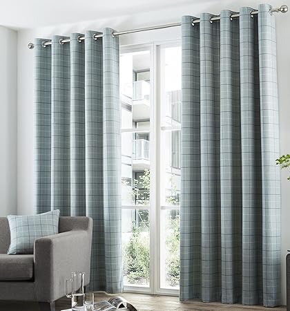 Bravo Checked Lined Curtains 66 X 90 Plaid Tartan Duck Egg Blue