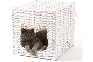 AELS Handwoven Small Cat Bed Cave for IKEA Kallax Shelf, 13"x13"x15" Rattan Cat House for Indoor Cats Kittens and Small Pets 