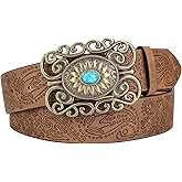 Ayliss Women Western PU Leather Belt Vintage Country Belts Concho With Turquoise Buckle Cowgirl Jeans Dresses Floral Engraved