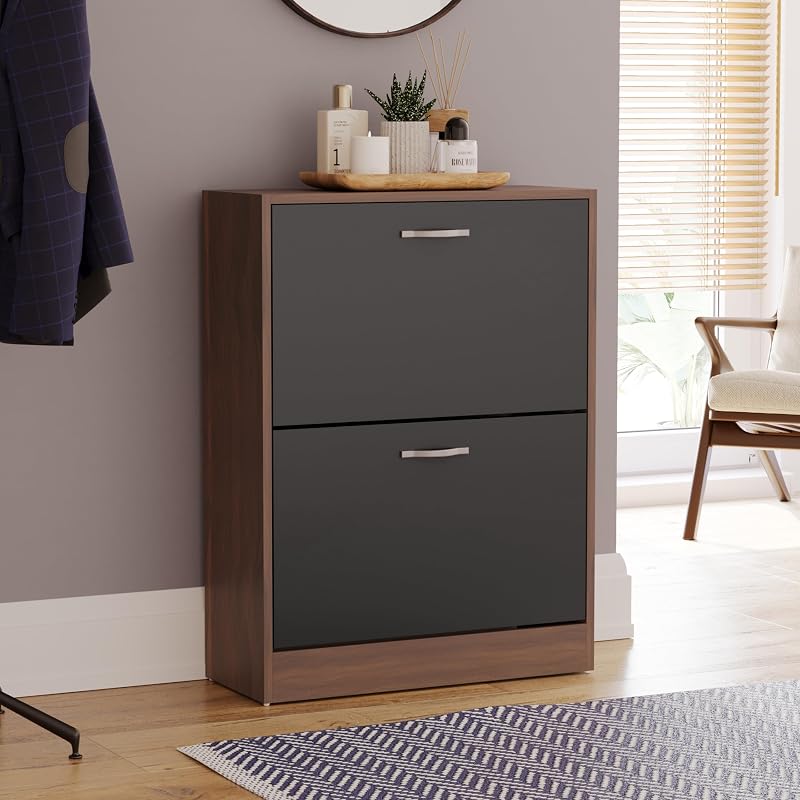 Vida Designs Walnut and Black 2-Drawer Shoe Cabinet Wardrobe Hallway Storage