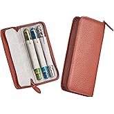 Lanxivi Genuine Leather Fountain Pen Case 3 Divided Slots Coffee Color, Zippered Pen Case Pouch, Handmade Display Holder for Rollerball Pen