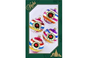 Glass Christmas Tree Ornaments - 67mm/2.63" [4 Pieces] Decorated Balls from Christmas by Krebs Seamless Hanging Holiday Decor (Bright Silver Reflector with Multicolor Lines)