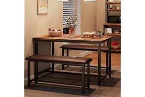 Alkmaar Kitchen Table Set with 2 Upholstered Benches for 4, Dining Room Metal and Wood Rectangular Table Set for Small Space, Apartment, Retro Brown