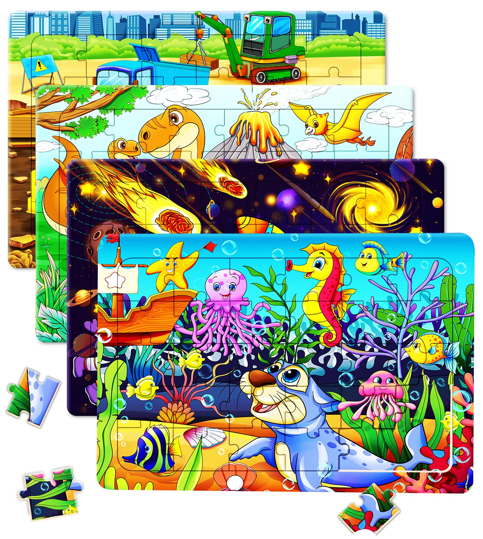 Photo 1 of Wooden Puzzles for Kids Ages 4-6, 4 Packs 30 PCs Colorful Kids Puzzles for Toddlers 5-8, Jigsaw Puzzle for 3+ Year Olds Gift for Children, Including DIinosaur Toys Puzzle