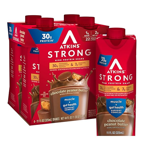 ATKINS STRONG HIGH PROTEIN SHAKE, CHOCOLATE PEANUT BUTTER, 30G PROTEIN, 7G PREBIOTIC FIBER, MUSCLE & GUT HEALTH SUPPORT COMPLEX, 4 COUNT