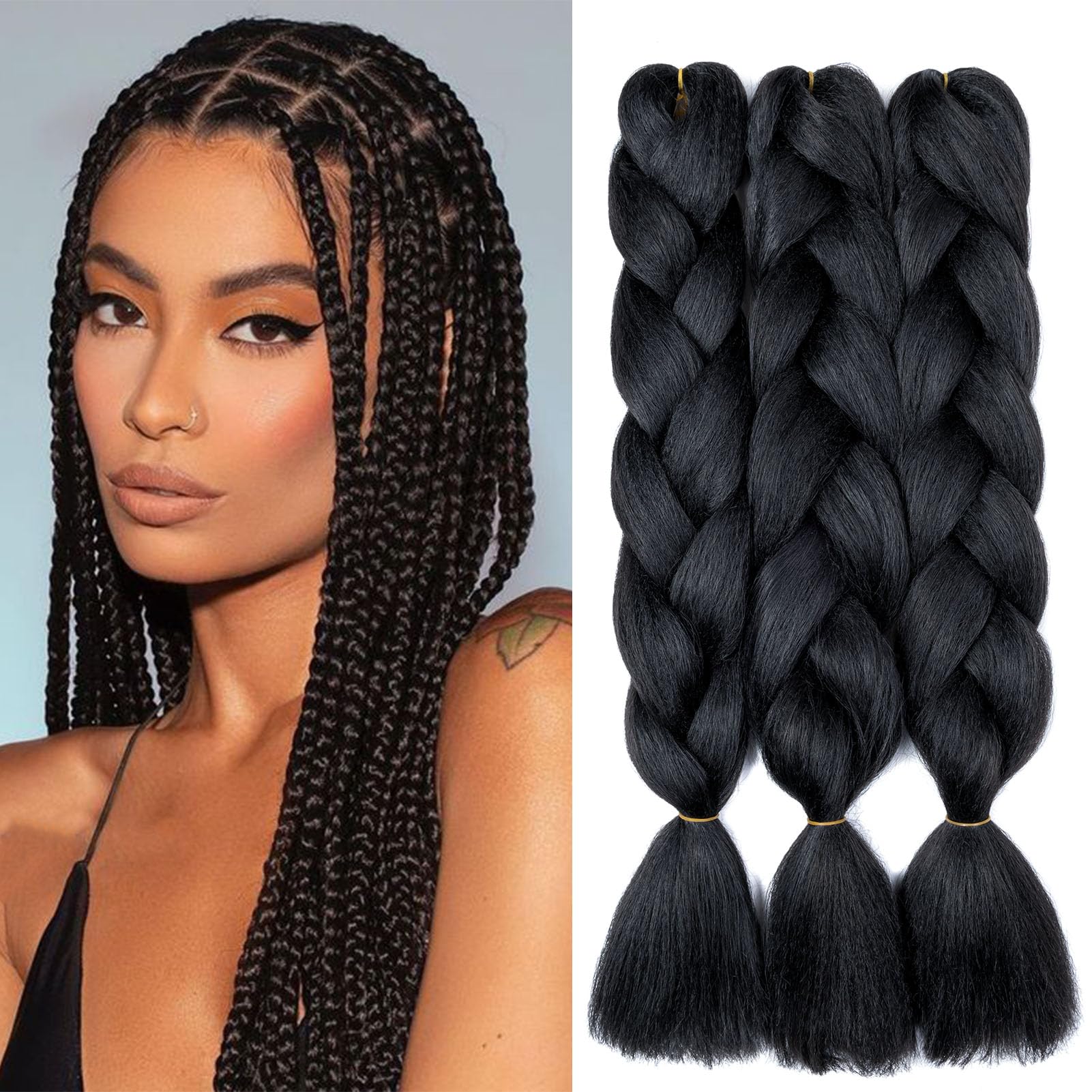 Gairyan Braiding Hair Extensions Ombre Jumbo Braids Synthetic Hair 3 Packs 24 inches 300g Coloured Hair for Braiding Extensions Box Braids Crochet Twist (Dark Black) โ image 1