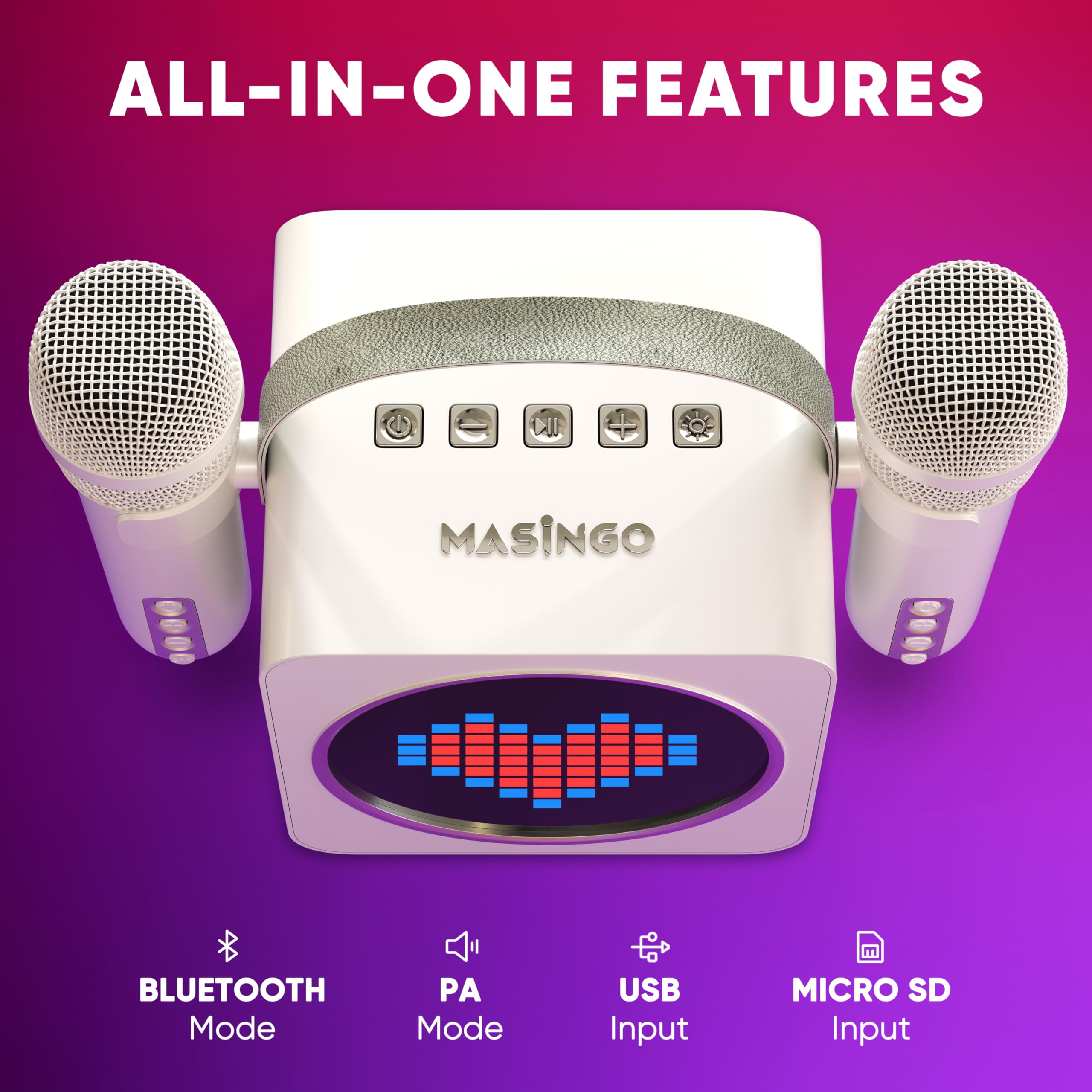 MASINGO Portable Mini Karaoke Machine for Kids and Adults with Dual Wireless Bluetooth Microphones, Animated LED Display, USB/Aux/MicroSD, Voice Effects, Fun Karaoke Toy for Girls and Boys, Animato S1