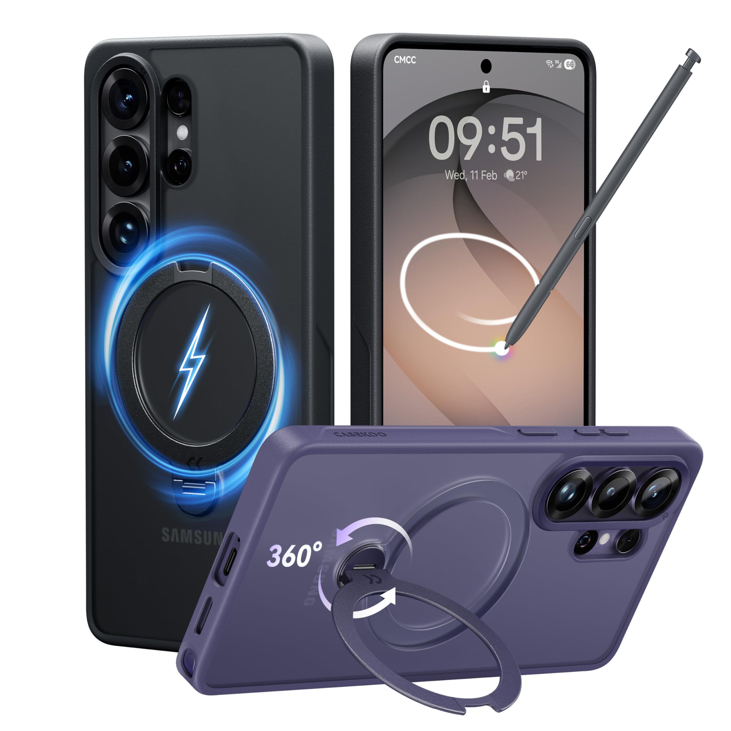 CASEKOO Black 26U Case with 360 Spin Magnetic Stand [Fit for MagSafe] [18FT MIL-STD Protection] Shockproof Invisible Ring Holder Matte s26U Phone Case 6.9'' Image