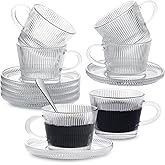 GURUDAR Glass Espresso Shot Cups with Saucers Set of 6, Clear Small Demitasse Cup with Stainless Steel Spoons, Dishwasher Safe Coffee Mugs for Tea Hot Chocolate Cappuccino, 5OZ/150ML, Stripe