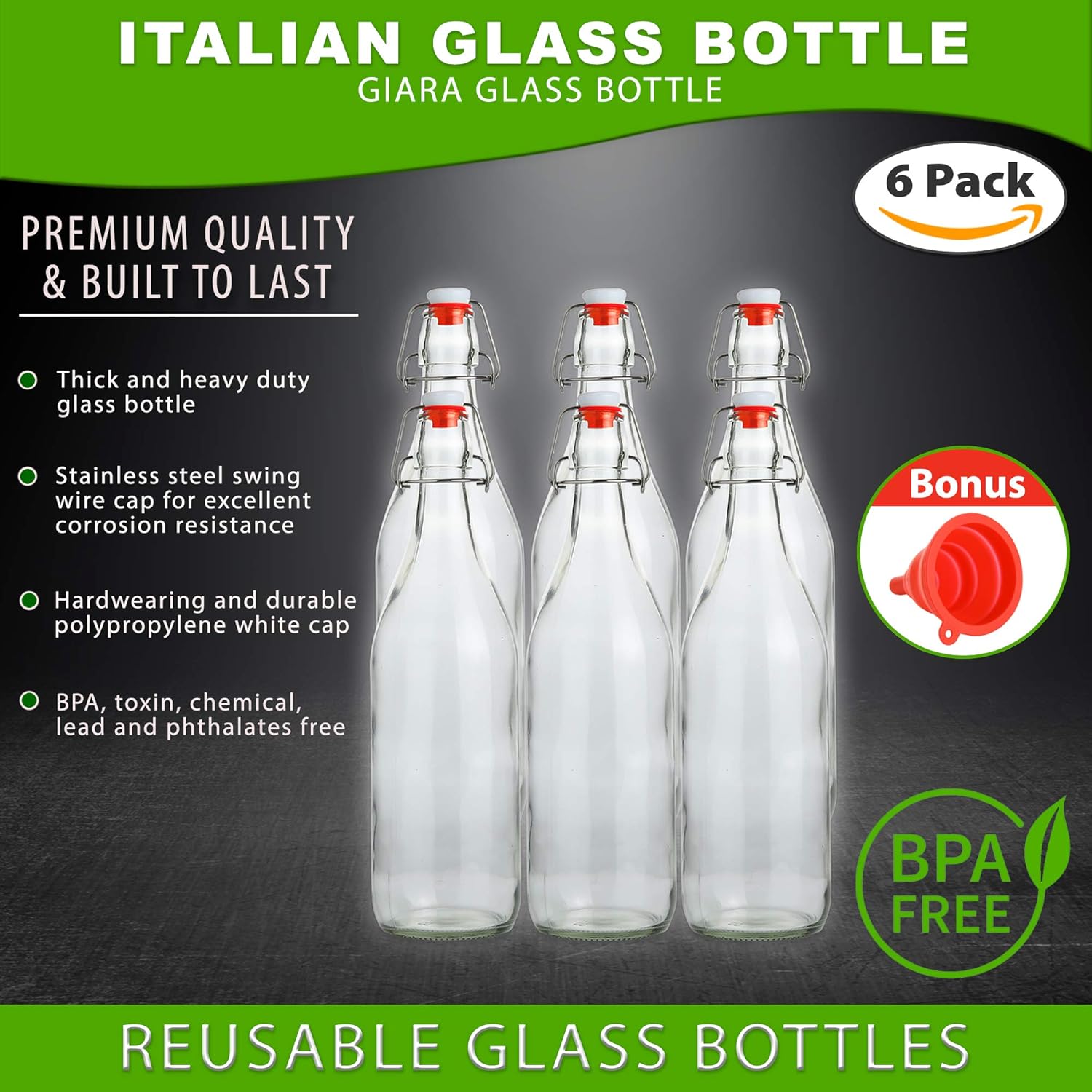 Flip Top Glass Bottle [1 Liter / 33 fl. oz.] [Pack of 6] – Swing Top Brewing Bottle with Stopper for Beverages, Oil, Vinegar, Kombucha, Beer, Water, Soda, Kefir – Airtight Lid & Leak Proof Cap – Clear: Kitchen & Dining