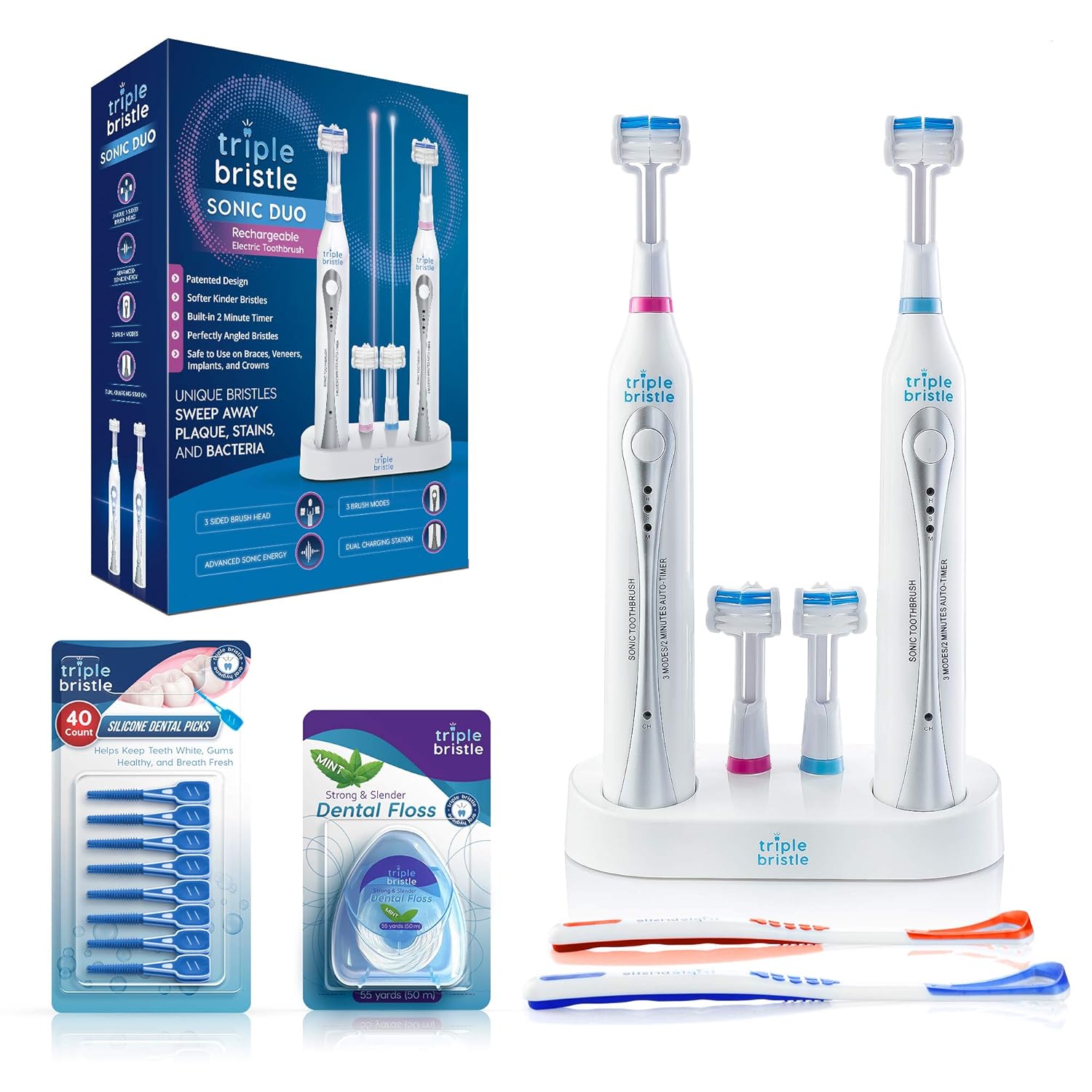 Triple Bristle Sonic Duo Electric Toothbrush For Families