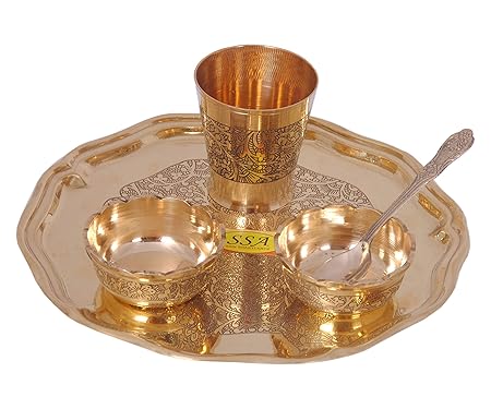 SHIV SHAKTI ARTS Brass Thali Plate Dinner Set (Yellow, 8-inch) 5 Pcs Set