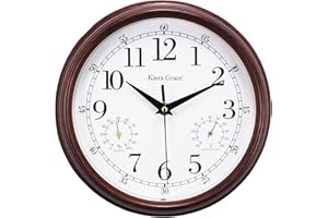 Kiera Grace Metz 9" Outdoor Wall Clock with Tempreture and Humid Gauges, Wood Grain Retro Walnut Red, Arabic Numerals Clock, 