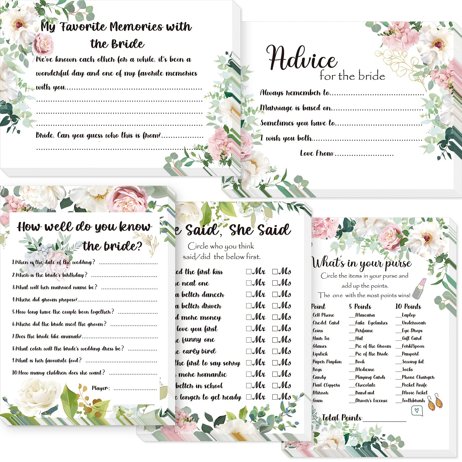 Nezyo 50 Pieces Hen Night Party Do Card Games Includes 5 Games Advice for the Bride Cards How Well Do You Know the Bride Hen What's in Your Purse Card(Flower)