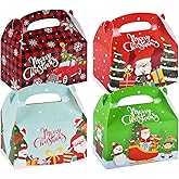 Gatherfun 24 Pieces Christmas Treat Box Candy Gable Boxes Goodie Boxes Cardboard Present Box Cookie with Handles for Christmas Party Favors, 6.2 x 3.5 x 3.5 Inches, 4 Designs