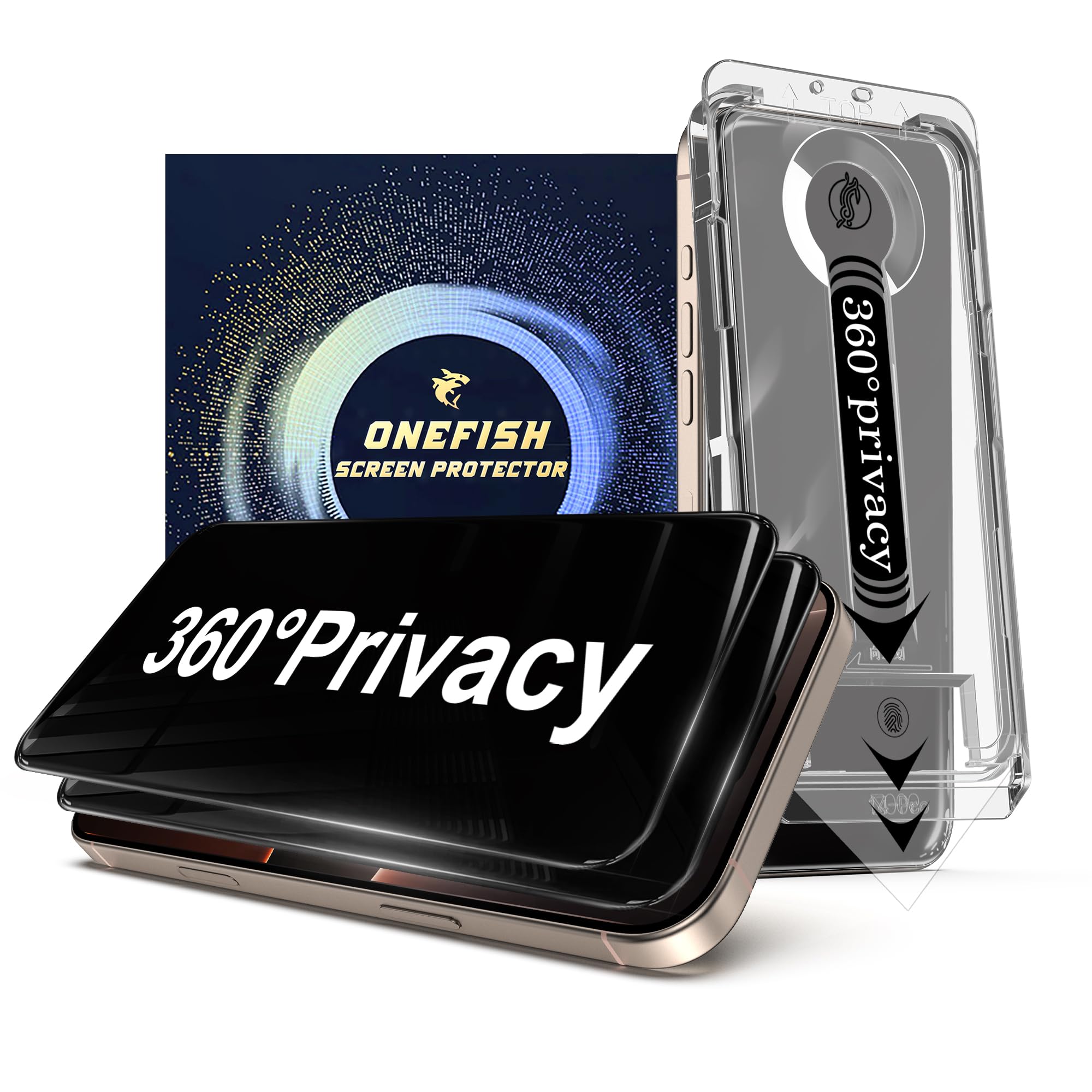 OneFish 2 Pack Privacy Screen Protector for iPhone 14 Pro Max - 4-Way 360° Anti-Spy Tempered Glass, 9H Hardness, 3D Curved Edges, Case-Friendly & Easy Installation