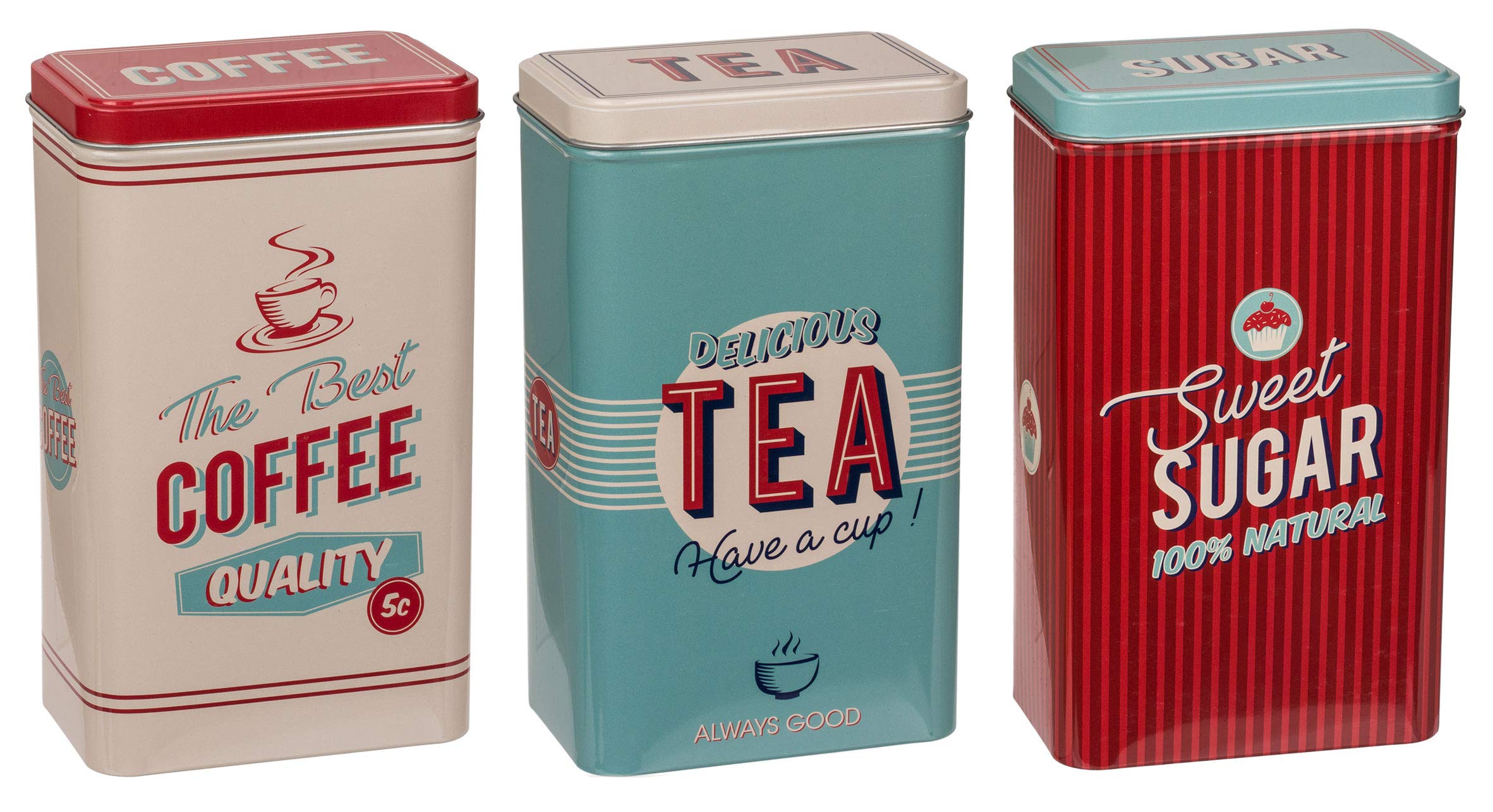 MIK funshopping Set Retro Metal Tin Coffee Tea & Sugar - Coffee Canister, Tea Canister, Sugar Bowl with Lid (3-Piece Vintage Design Red/Turquoise/Cream)