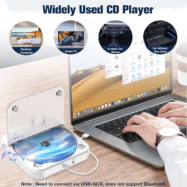 PORTABLE CD PLAYER FOR CAR WITH USB & AUX – UNIVERSAL EXTERNAL CD DRIVE WITH ANTI-SKIP, USB EXTENSION CABLE, PLUG & PLAY FOR VEHICLE, LAPTOP, TV – COMPATIBLE WITH ANDROID 4.4+
