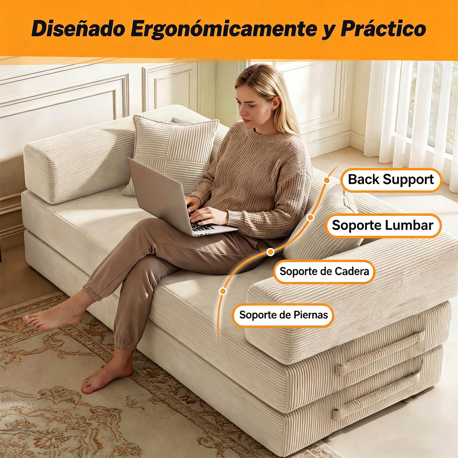 200cm Sofá Cama 3 Plazas con Espuma & Muelles para Salón,Blanco