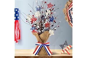 KENBURG 4th of July Artificial Tree Tabletop Decor Patriotic Tree Red Blue White Artificial Berry Stem Picks Star Shaped Rattan Balls Decor Burlap Base Farmhouse Tree for Independence Day Home Party Wedding