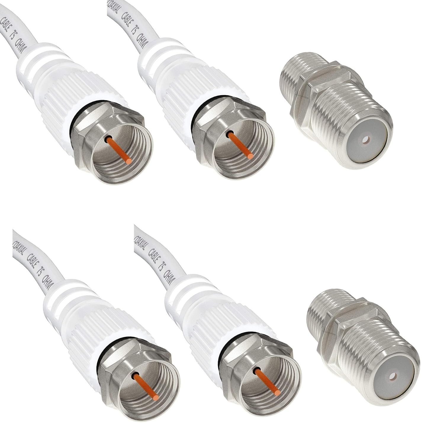 ConnectingU® 5m White Satellite Coaxial Cable Kit (Virgin Media & Sky Compatible) - Male to Male Cable with F-Type Connectors Bundled with an F-Type Female to Female Coupler - Pack of 2