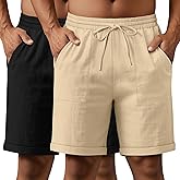 Neer 2 Pack Men's Cotton Linen Blend Bermuda Flat Front Shorts, 7" Casual Elastic Waist Drawstring Summer Shorts with Pockets