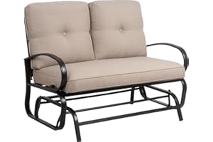 JY QAQA PET JY QAQA Outdoor Patio Metal Glider Rocking Bench, Garden Porch Furniture Glider, Wrought Iron Chair Set with Cushion, Beige
