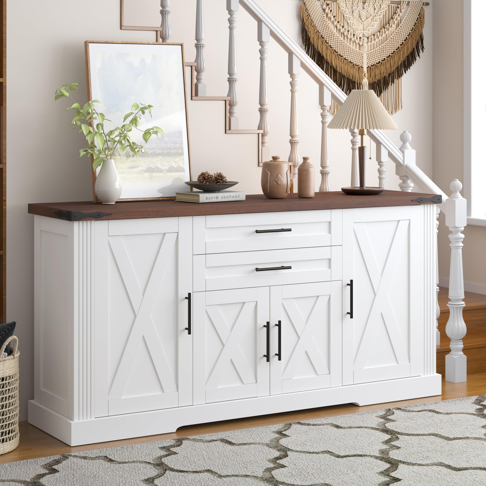 Photo 1 of KEIKI 63" Farmhouse Barn Door Sideboard Buffet Cabinet with Storage – 2 Drawers, Door Rack, Adjustable Shelves, Door Rack, Kitchen Buffet, Large Sideboard Buffet Cabinet, Cabinet for Dishes, White